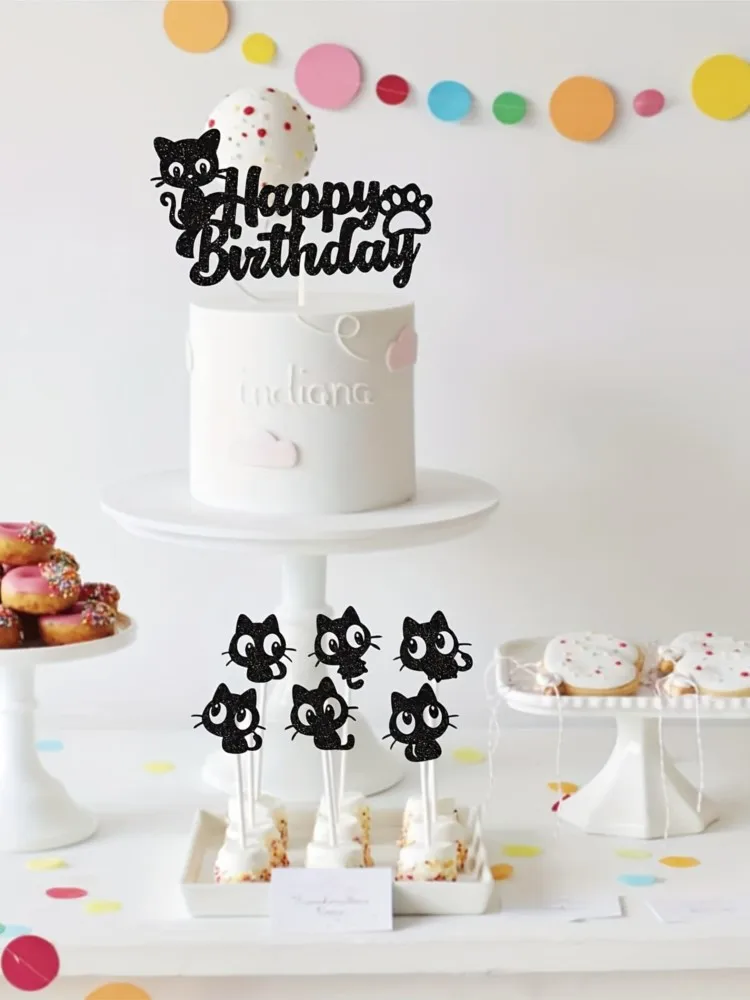 Décoration de gâteau chat noir, joyeux anniversaire, fête pour enfants, Oh Baby Shower, animaux, décoration de Cupcake, drapeaux, fournitures de décoration de pâtisserie, bricolage