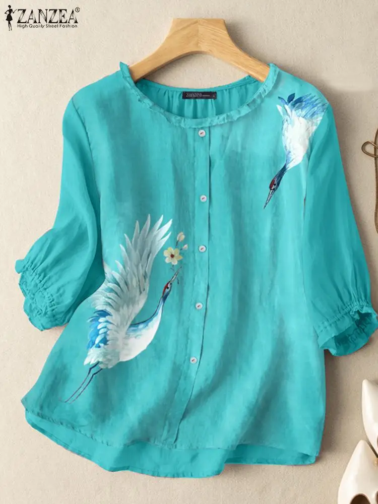 

ZANZEA Summer Women Vintage Ruffles Tops Tunic 3/4 Sleeve Floral Printed Blouse Casual Bohemian Beach Holiday Blusas Work Shirt