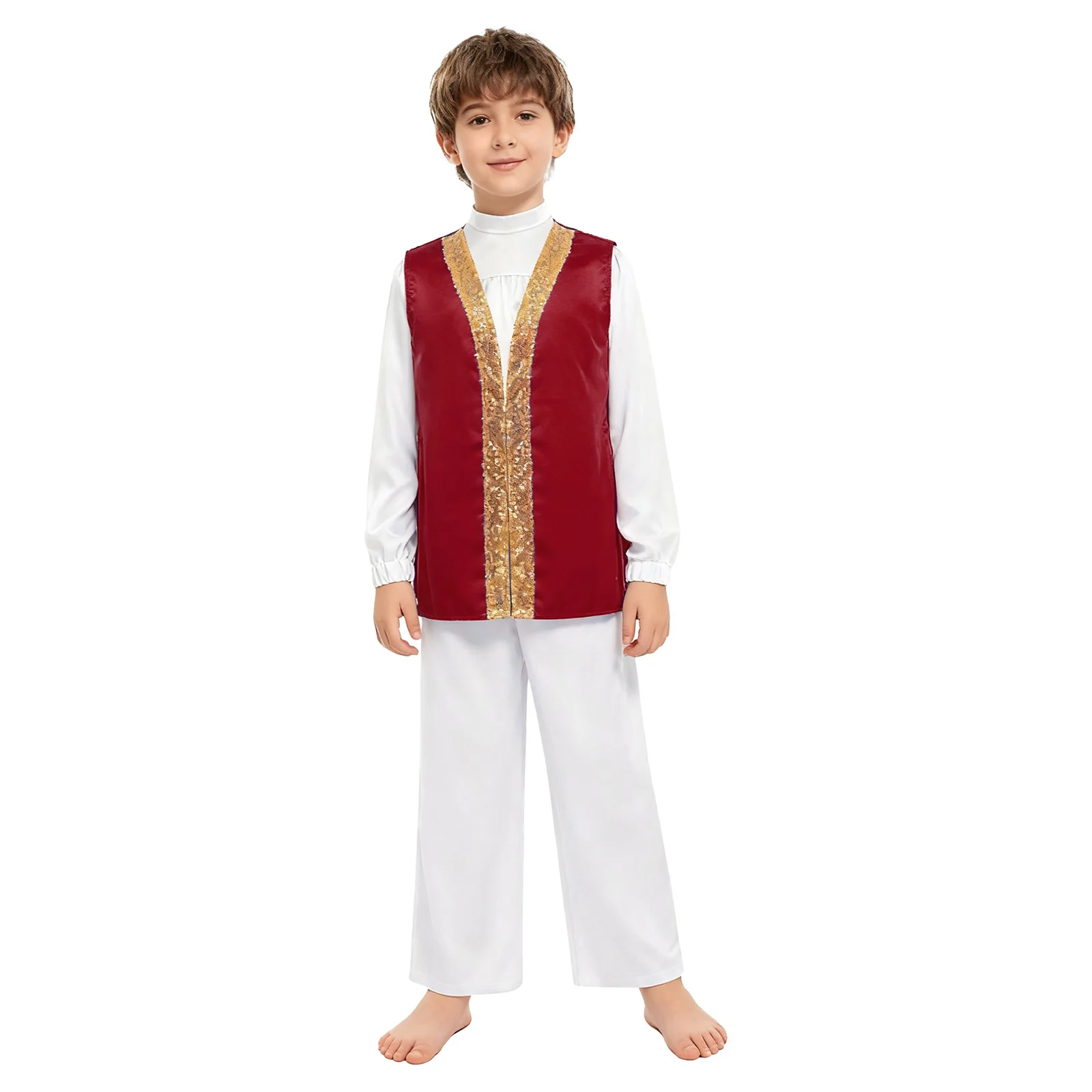 

3Pcs Kids Boys Girls Liturgical Praise Dance Outfit Long Sleeve Satin Top+Pants+Sleeveless Sides Split Contrast Color Robe Set
