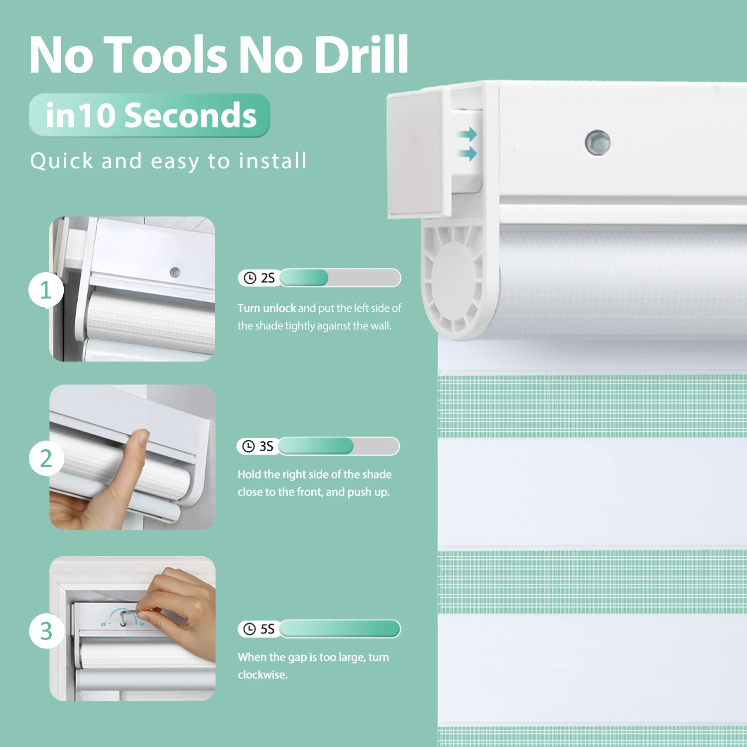 No-Drill Zebra Blinds with Remote Control, Solar-Powered Electric Roller Shades, Automatic Light-Filtering Windows
