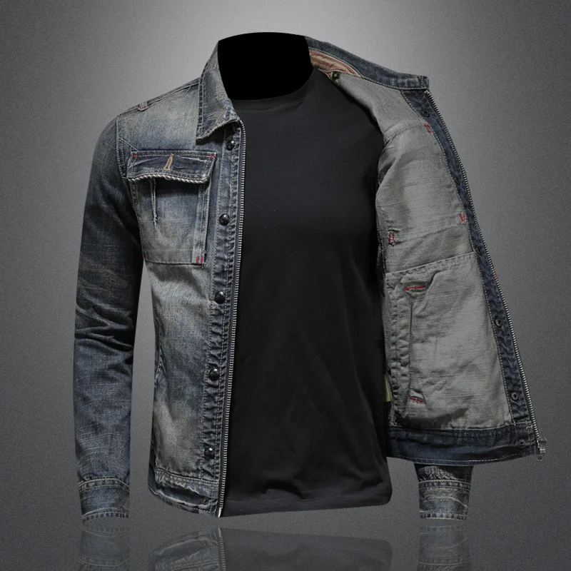 Spring Autumn Ripped Vintage Jean Jacket Men\'s High Quality Large Pocket Moto Denim Jacket