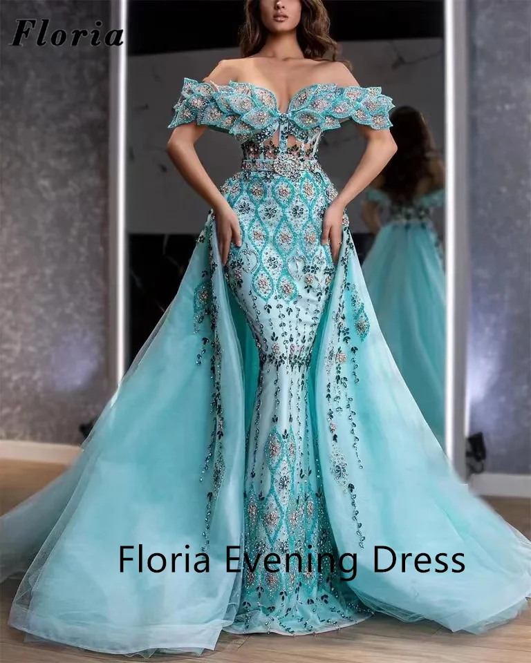 

Haute Couture Off Shoulder Evening Dresses Heavy Beading Handmade Evening Gowns Blue Detachable Skirt Dubai Wedding Party Dress