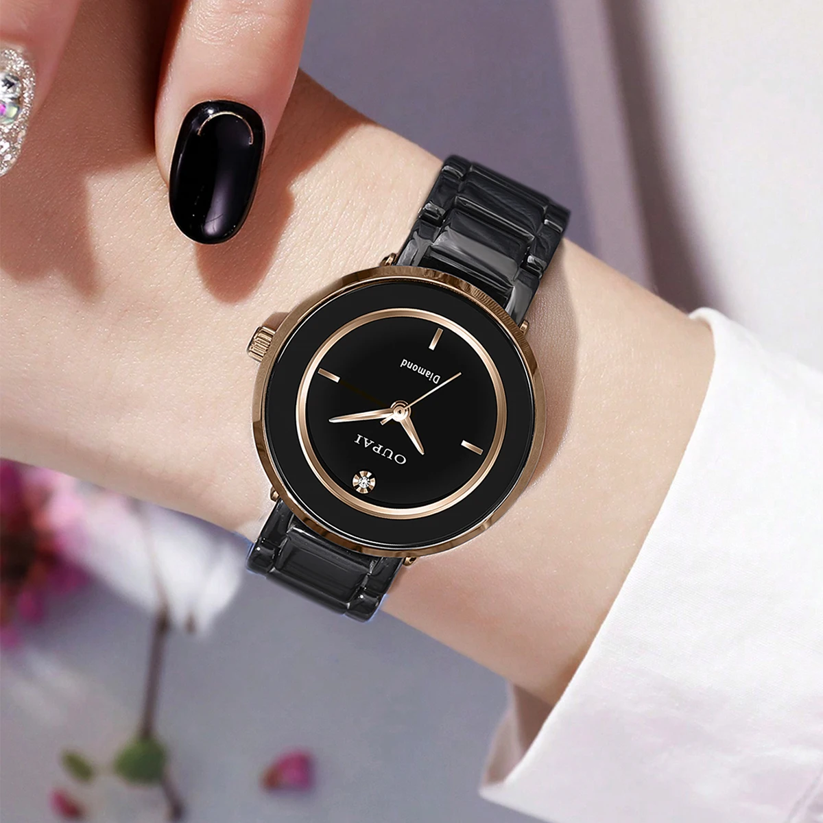 Oupai элегантные черные часы с керамическим ремешком круглой формы, женские кварцевые часы, устойчивые к царапинам, модные простые женские часы с бриллиантами