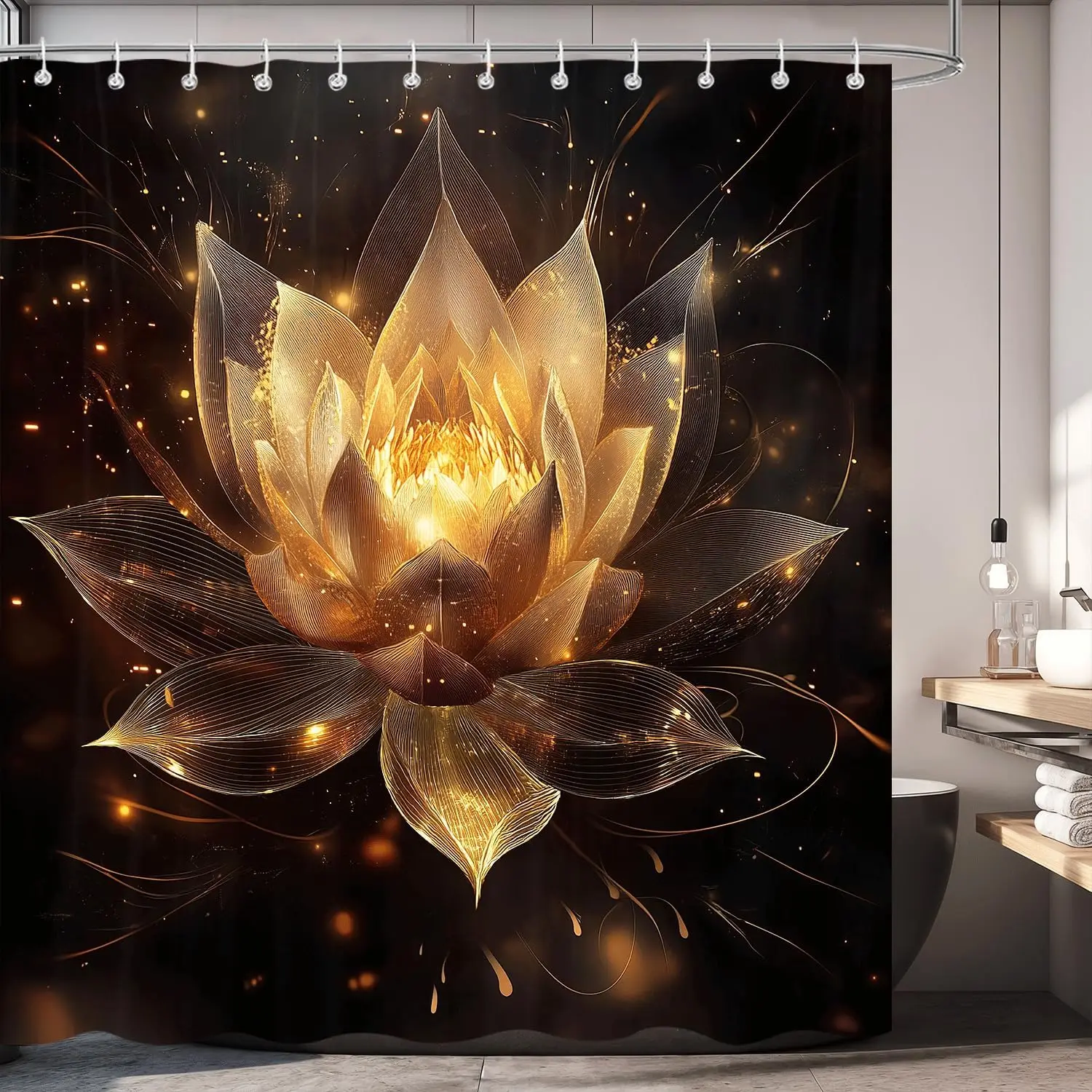 Black and Gold Flower Shower Curtain Set, Boho Yellow Lotus Botanical Spiritual Aesthetic Floral Shower Curtains for Bathroom