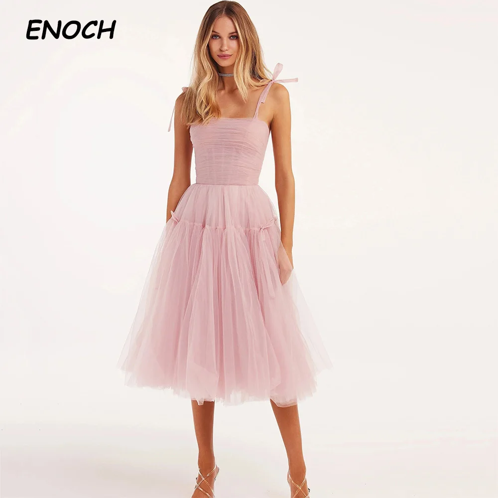 

ENOCH Simple Tulle Prom Dresses Square Collar Lace Up Back Pleat Party Gown A-Line Knee Length Vestidos De Gala Custom Made New