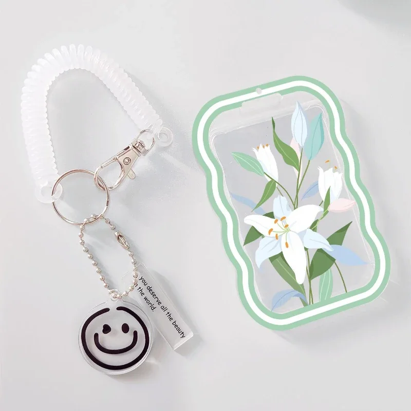 Wave Transparent White Flowers Card with Retractable Spring Cord Suitable for Bank Identity Bus ID Card Sleeve Case Door Card