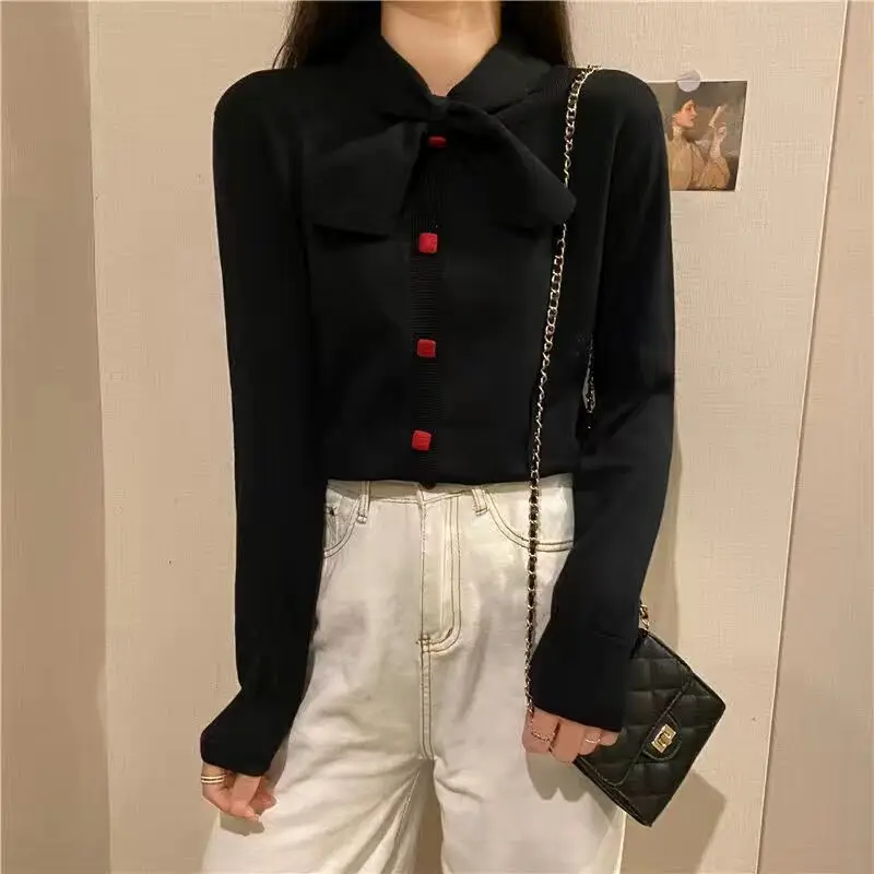 Elegant Fashion Scarf Collar Solid Color Knitted Tops Women\'s Clothing Korean Loose Button Spliced Lace Up Sweaters for Female