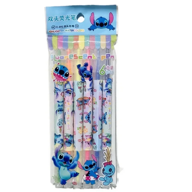 6pcs/set Disney Stitch Double Ended Highlighter Children\'s Drawing Graffiti Markers Student Supplies Stationery Christmars Gifts