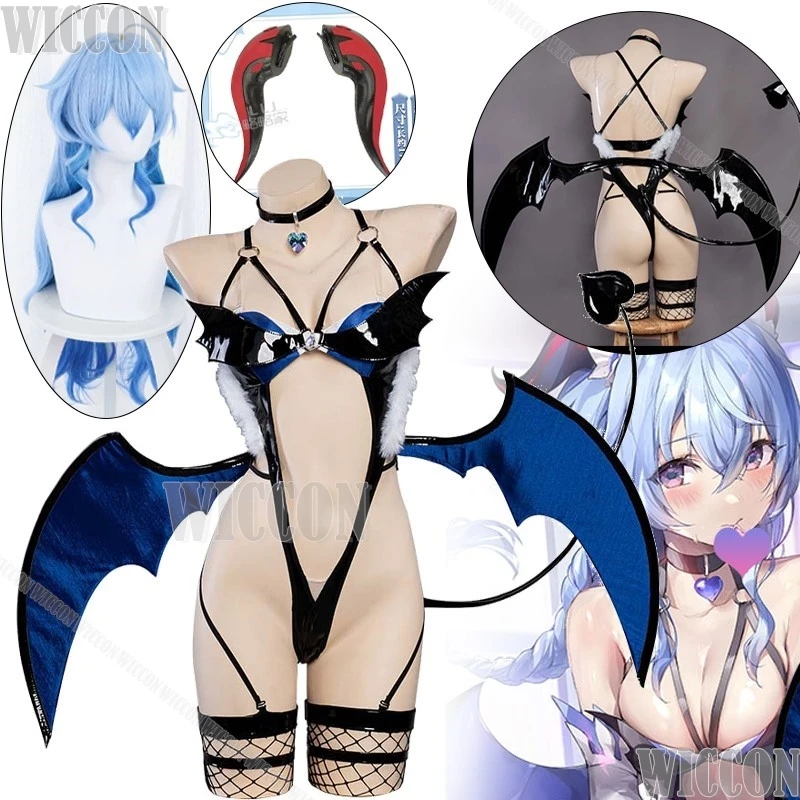 Ganyu Succubus Cosplay Kostüm Spiel Genshin Impact Sexy Schwarz Overall Flügel Horn Blau Lockige Perücke Halloween Frauen Cos Angepasst