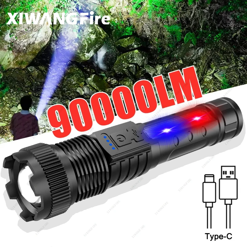 90000 LM IPX4 Waterproof LED Flashlights USB Rechargeable Telescopic Zoom Torch Outdoor Camping Tent Lamp Emergency Light