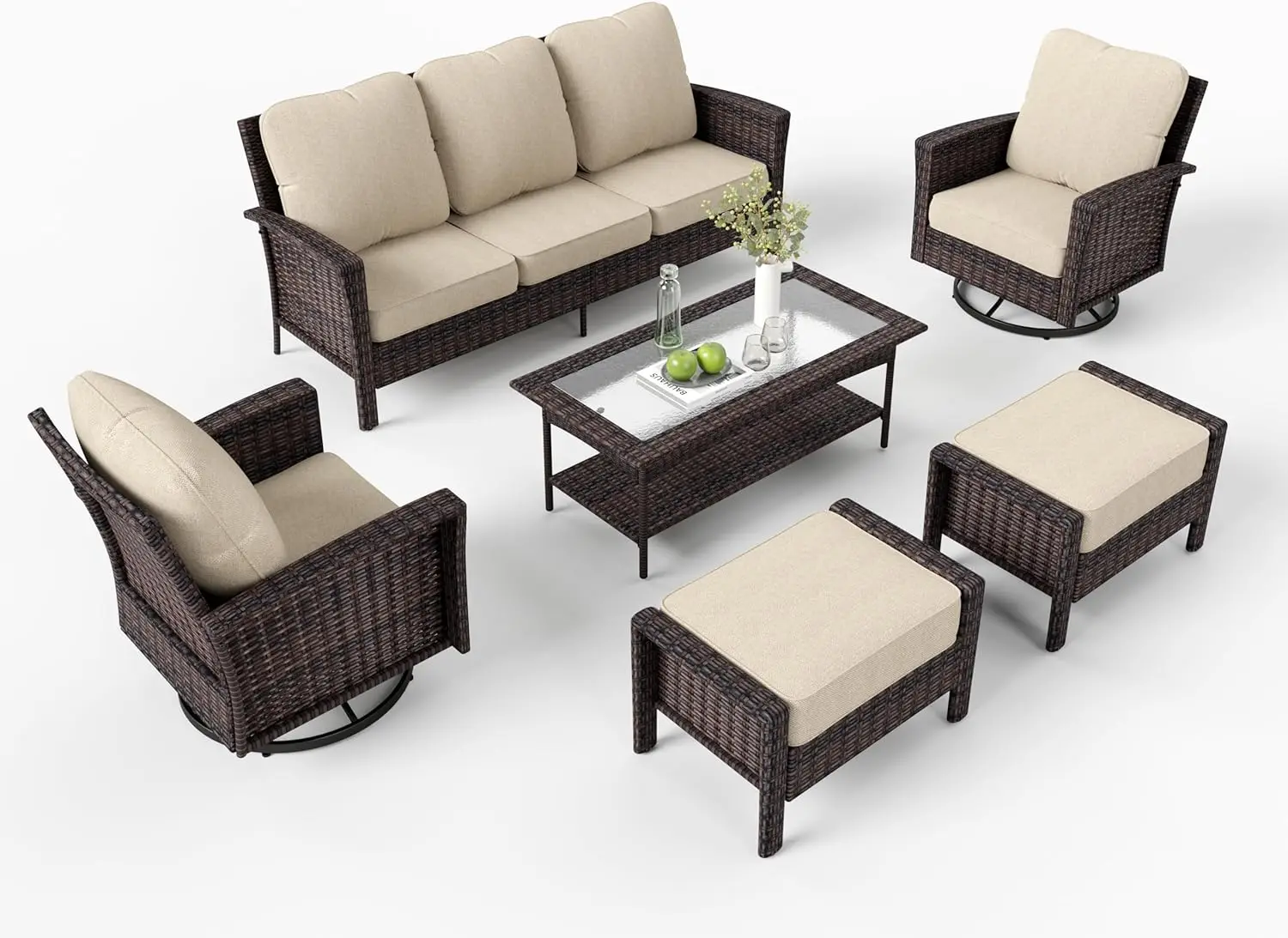 5Pcs Wicker Outdoor Conversation Set,2 Swivel Chairs,1 3-Seat Sofa,2 Ottomans,Sectional Patio Sofa for Garden Backyard Deck,Bule