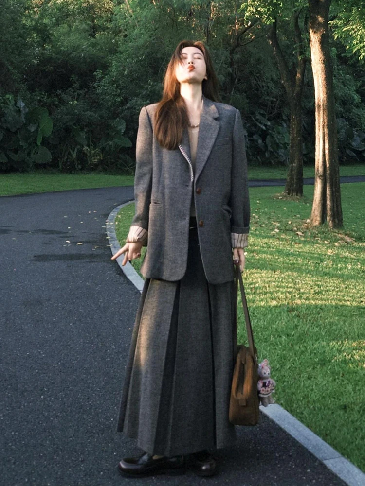 

Korean Sle Slimming Woolen Suit Set Women's Autumn Winter New Sle Long Skirt Two Piece Set Faionable Casual Wear