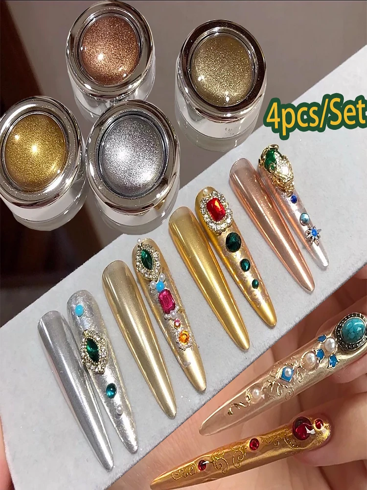 Poudre de miroir magique chromé or argent, 4 pots/ensemble, effet métallique holographique, Pigment or Rose/champagne, poussière à friction pour Nail Art