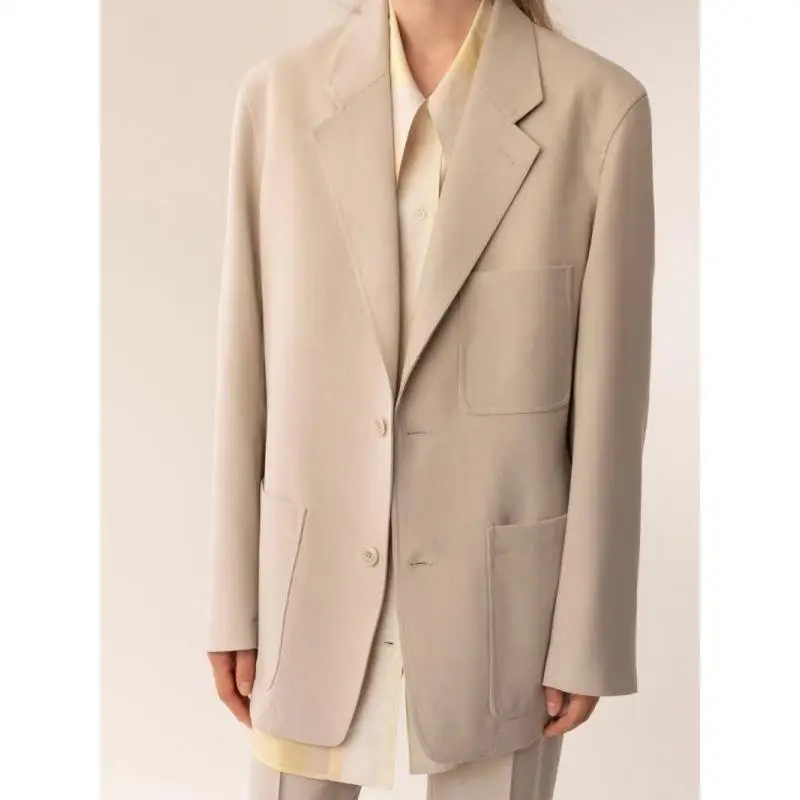 

High-End Loose Fit Women's Casual Jaet with Large kets Simple Ele Woolen Suiting Long Sves Mid-Length Coat