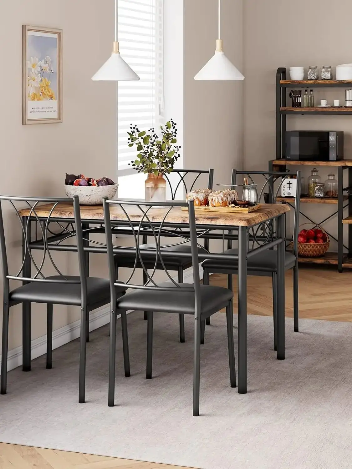 Retro Rectangular Dining Table Set with 4 Ergonomic Chairs, Metal Frame and Wooden Top – Perfect for Kitchen, Dining Room