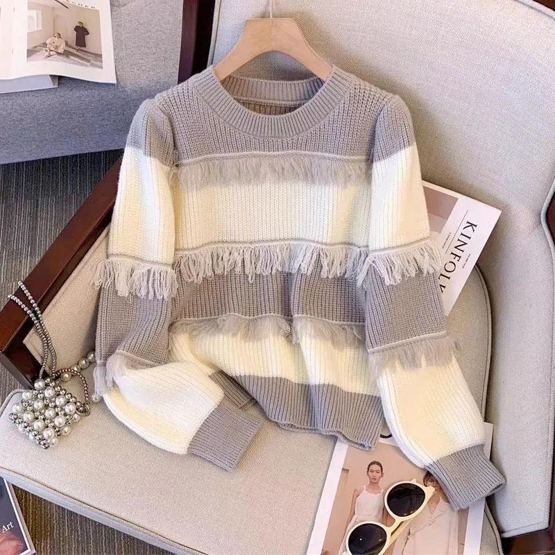 New Autumn/Winter Fashion Korean Stripe Color Matching Versatile Round Neck Tassel Lazy Style Slim Long Sleeve Knitted Sweater