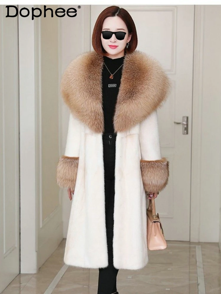 

High-End Mink Fur Faux Mink Long Coat Women Fall Winter Thickened Warm All-Match Fox Fur Collar Long Sleeve Coat Female