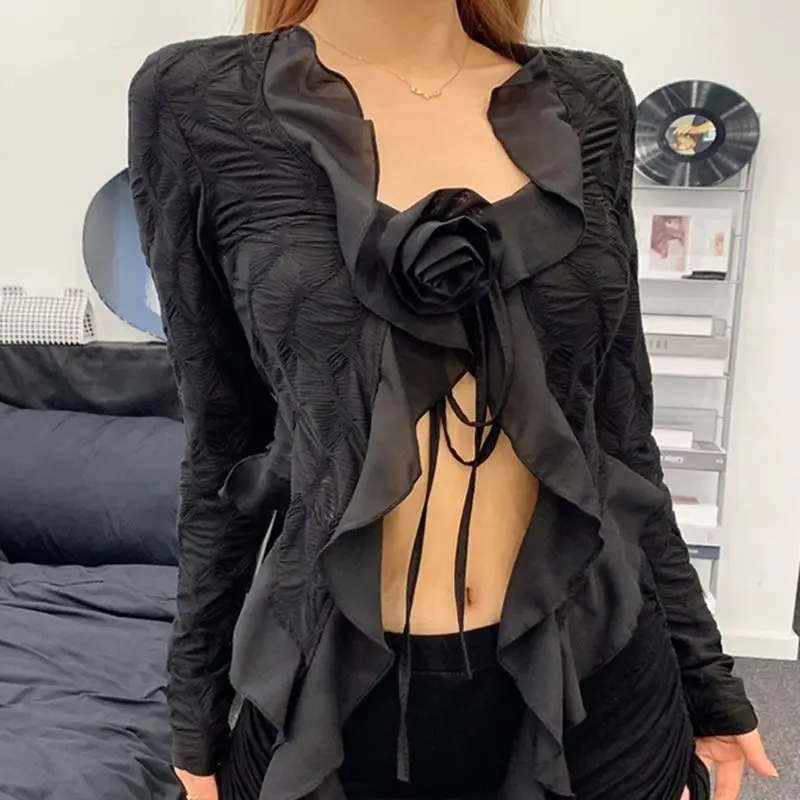 2024 Spring/Summer New Ruffle Edge Sexy Low Cut Tie Long Sleeved Top Women's Short Open Navel Top