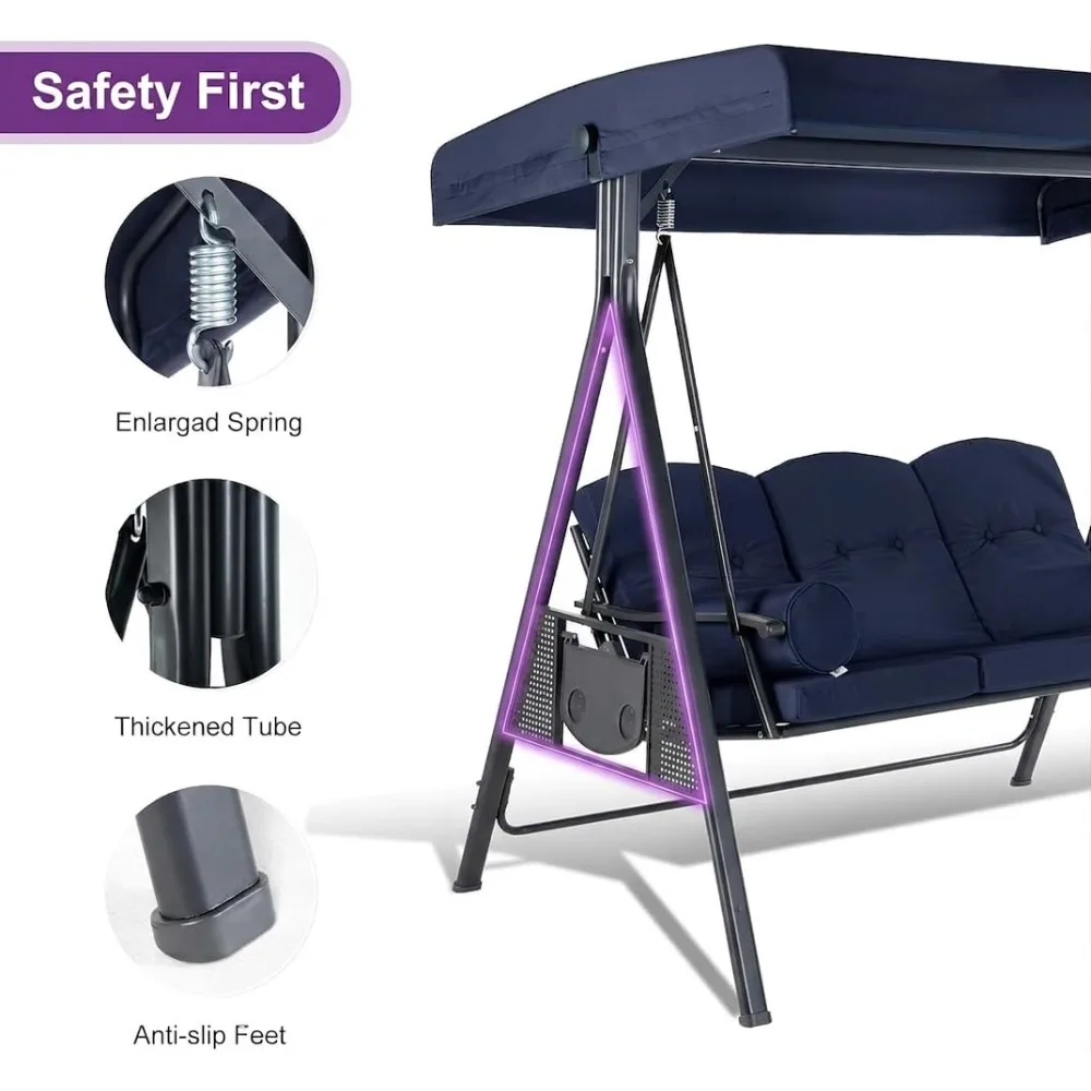 Outdoor Patio Porch Swing with Stand, 3-seat Swing Chair with Adjustable Tilt Canopy All-Weather Steel Frame, Customized