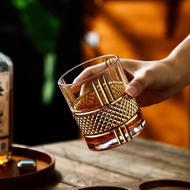 1pc/4pc 300ml Whiskey Glasses Tumbler Gold Line Wine Golden Painted Crystal Barware Light Luxury Beer Glasses Cocktail Glasse