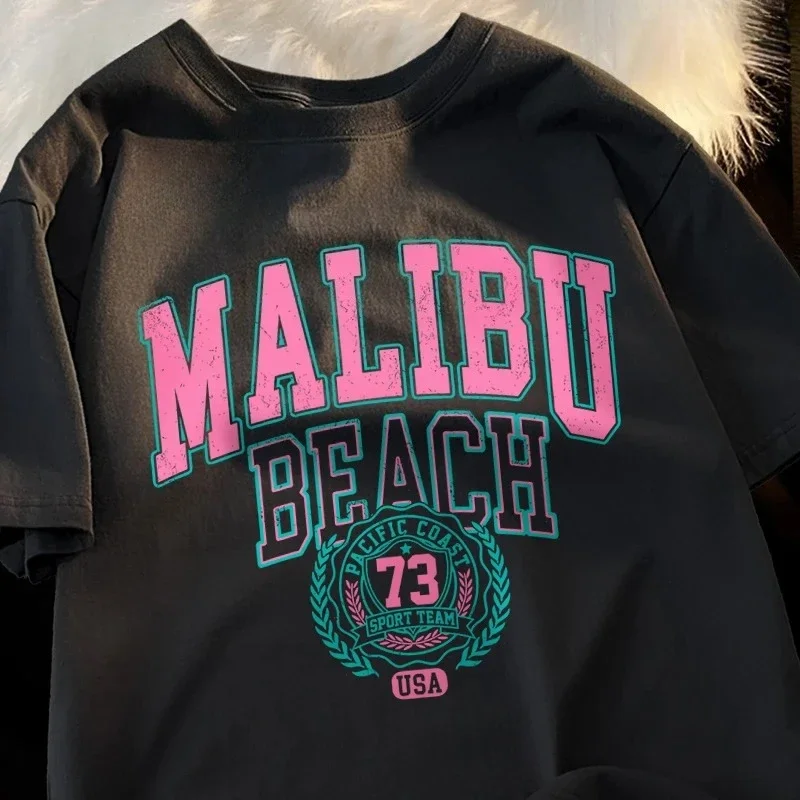 

Модная пляжная женская футболка Malibu с простым буквенным принтом, повседневная летняя одежда с круглым вырезом, женский топ с короткими рукавами