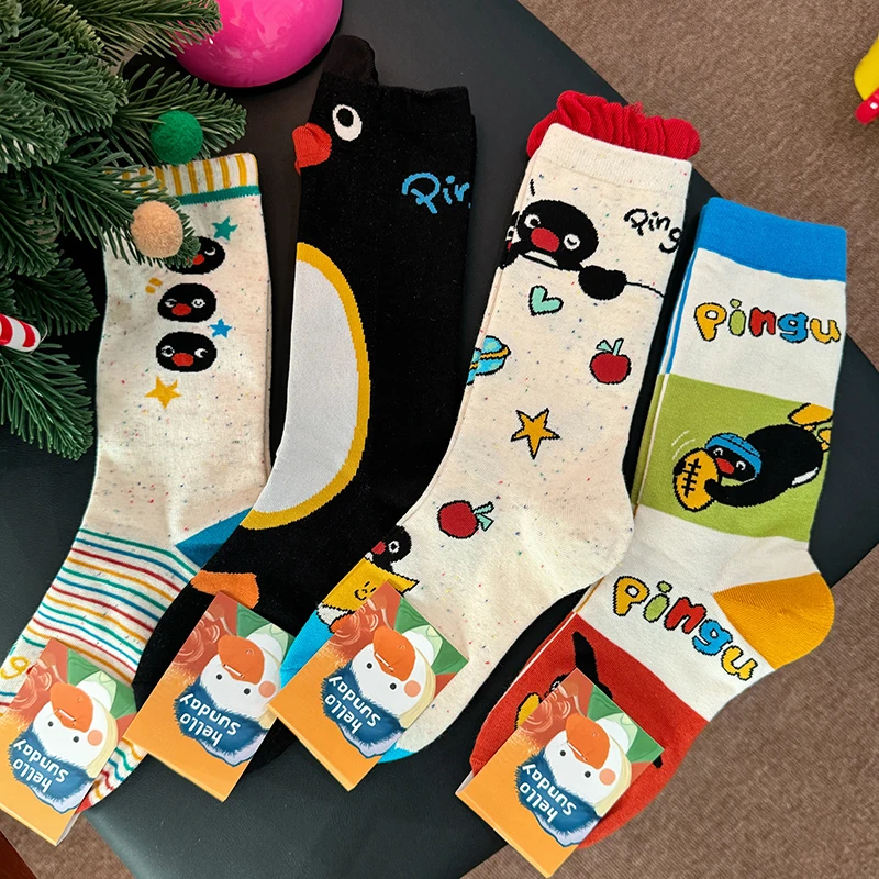 New 3/4 Pairs Pingu Medium Length Socks Women Cartoon Autumn Winter Casual Breathable Soft Fashionable Kawaii Girls Socks Gifts