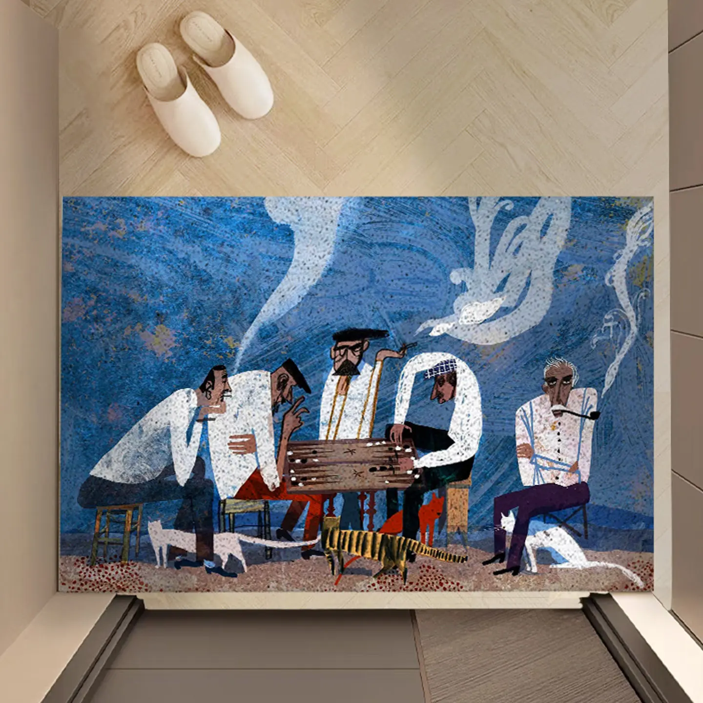 Abstract Collage Art Man Portrait PVC Coir Doormat Non‑Slip Dust Catching Entrance Floor Mat Wear‑Resistant Welcome Rug