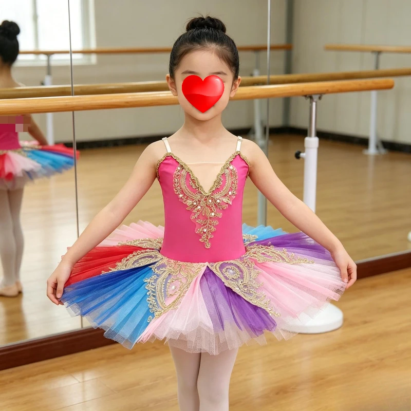 

Girls Rainbow Pancake Tutu Dress Classical Ballet Stage Performance Outfit Colorful Tulle Ballerina Costume for Children‘s Day
