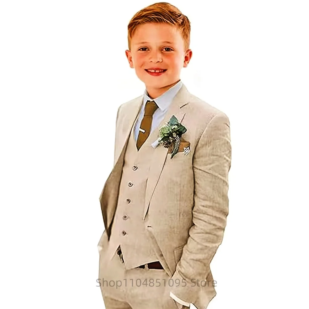 

Flower Boys Linen Suit Slim Fit 3 Piece Summer Beach Wedding Light Weight Suit Casual Kids Linen Suit Jacket Vest Pant Set