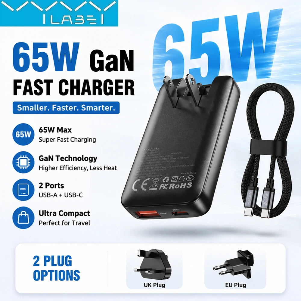 Vyvylabs Vyvylabs 65W GaN Charger USB C PD Fast Charger USB A Power Adapter Dual Port Foldable Plug Compact Charger for Travel with Cable - Aliexpress Deal