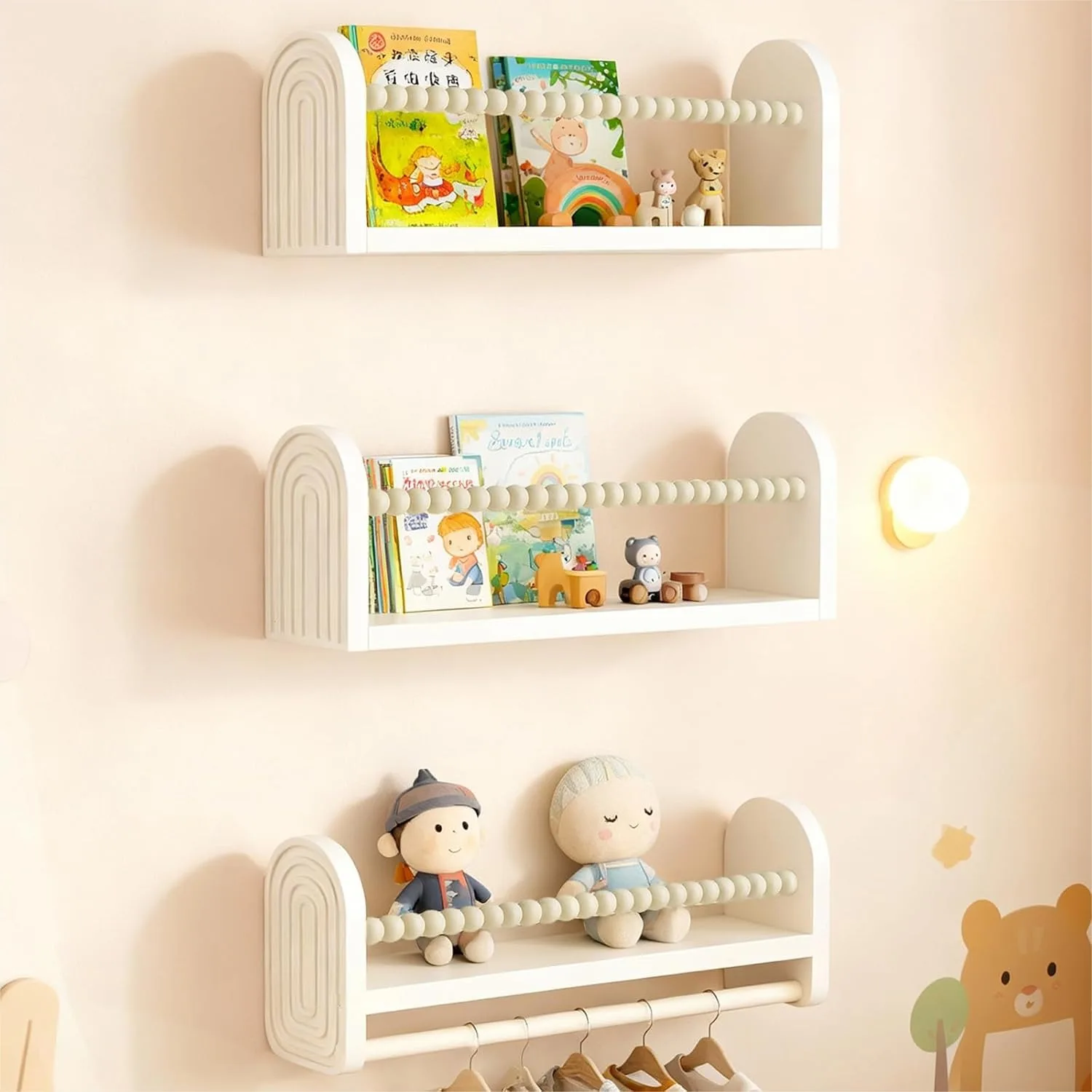 

Nursery Book Shelves For Wall Set Of 3, White Natural Wood Floating Shelves With Towel Bar, Wall Mounted Bookshelves For Baby Room Kids Room Living Room Storage
