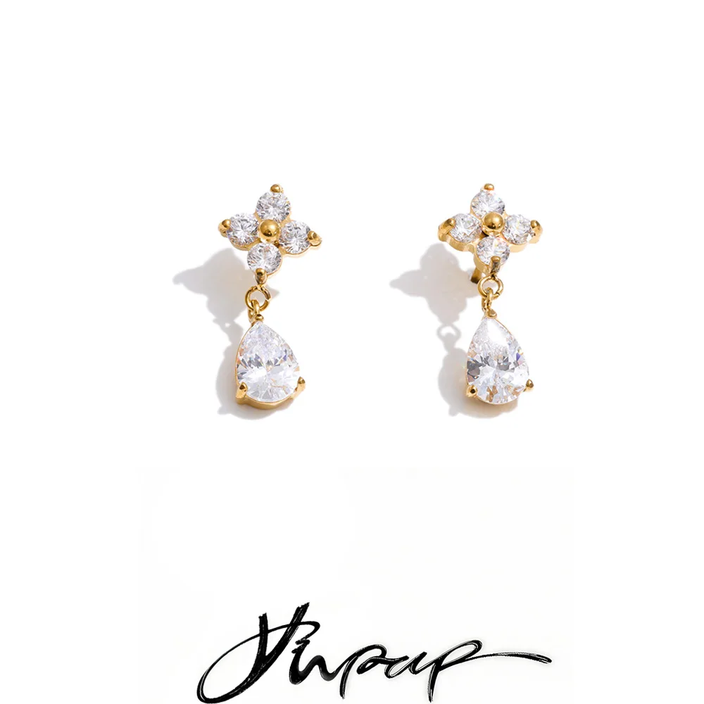 Brincos Pendentes de Aço Inoxidável Yhpup com Zircônia Cúbica em Formato de Flor e Gota D'água, Joia Premium Delicada, Brilhante e Elegante, Presente Impermeável