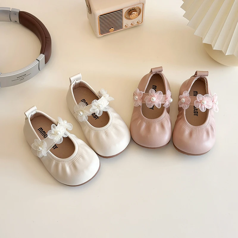 

Soft Leather Ballerina Shoes For Baby Girls Cute Round Toe Lace Flower Deco Mary Janes Toddler Kids Elastic Flat Walking Zapatos