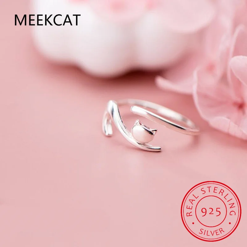 Real 925 Sterling Silver Fashion New Sweet Animal Cat Opening Ring For Women Wedding Party Fine Jewelry anillos De Prata DB065