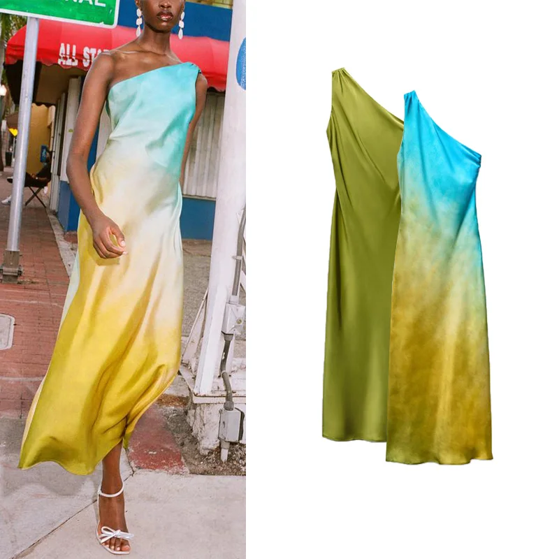Frühling Neue Sexy Oulder Bared Svel Asymmetrische Seide Satin Fühlen Dr Street Sle Midi Taille Langen Rock A-Linie Kleid