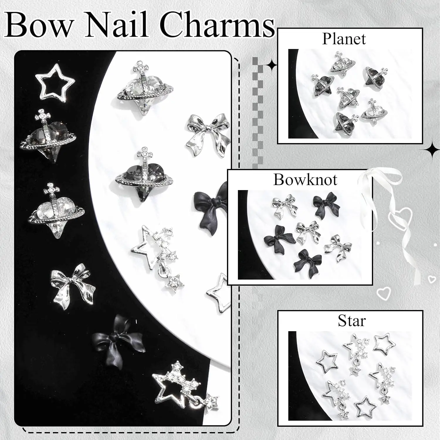 122PCS Star Nail Charms 3D Silver Nail Charms Alloy Bow Charms Crystal Starlight Black Planet Nail Charms Acrylic Bowknot