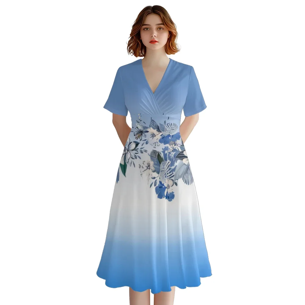 Robe d'été à fleurs pour femmes, col en V, ligne A, robes de soirée élégantes