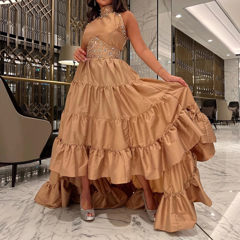 

Temperament High Collar Pleats Ruffles Crystal Prom Gowns Classic A-Line Satin Sleeveless Party Gowns فساتين سهره نسائيه فخمة