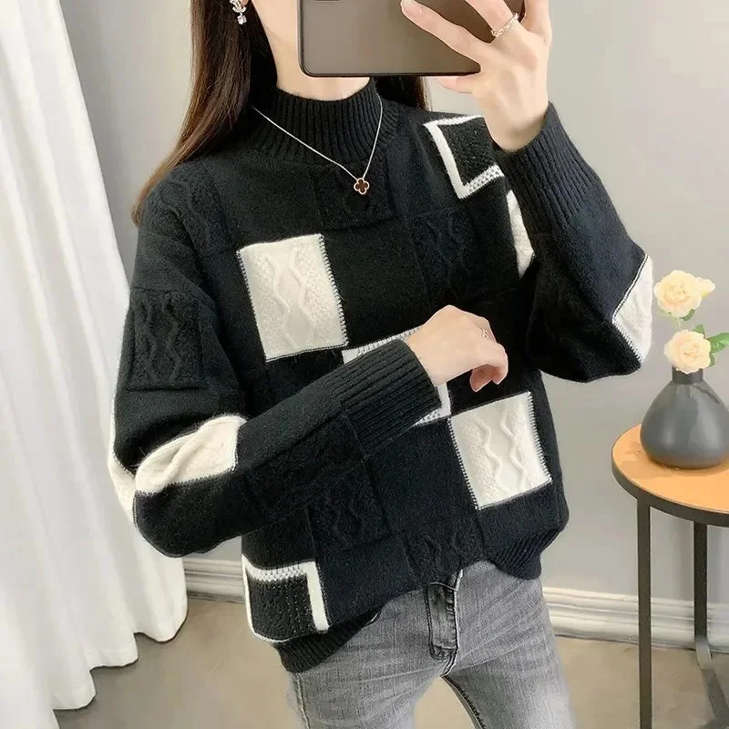 Female Chessboard Grid Sweater Women Pullover Long Sleeved Knitting Autumn Winter Ladies Half High Collar Long Sleeved Knitwear