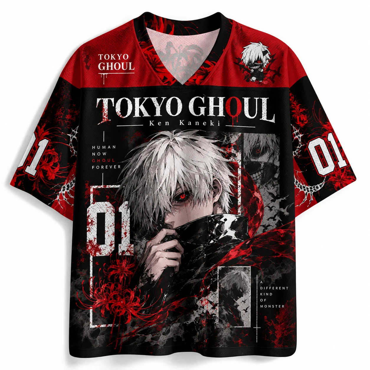 Trendy Anime Theme Graphic Print V Neck Shirt Unisex Football Jersey Fashion Graphic Tee For Weekend Casual Hip Hop Outfit