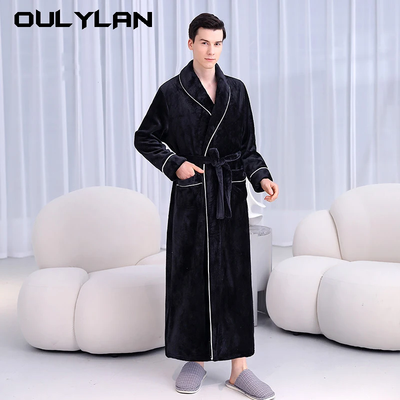 Oulylan Autumn and Winter Men's Flannel Velvet Pajamas Autumn and Winter Thickened Fleece Warm Flannel Home Suit Set