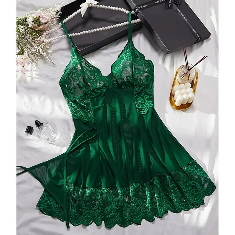 

Hot Selling Embroidered Lace Floral Trimmed Nightgown Sleeveless Halter Nightshirt Woman Sexy Pajamas Thong Set Slim Mesh Dress