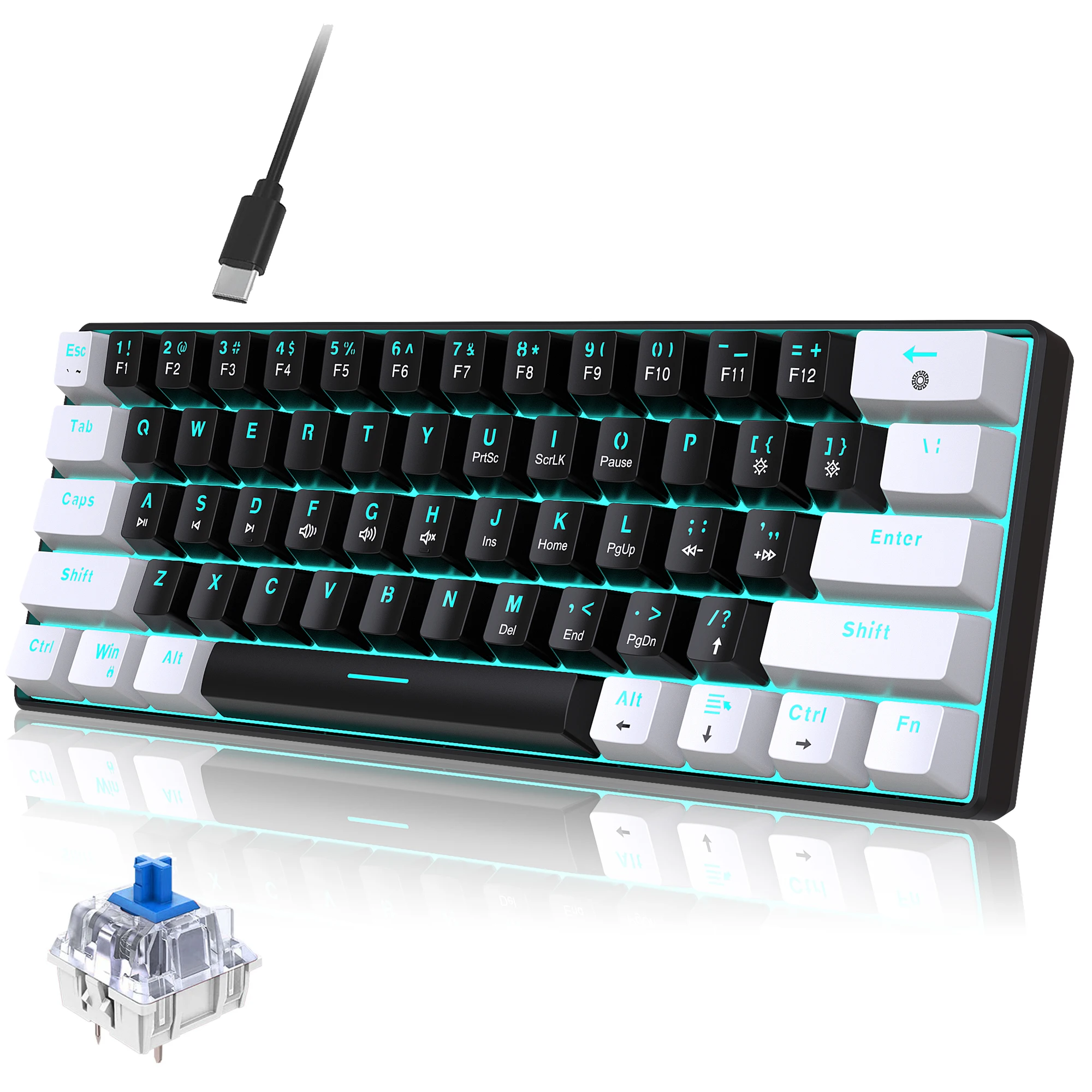 HXSJ V900 61-Key Wired Mechanical Keyboard, Color Backlit ABS Keycaps, Red/Green Axis, 60% Compact Gaming Keyboard for Laptop