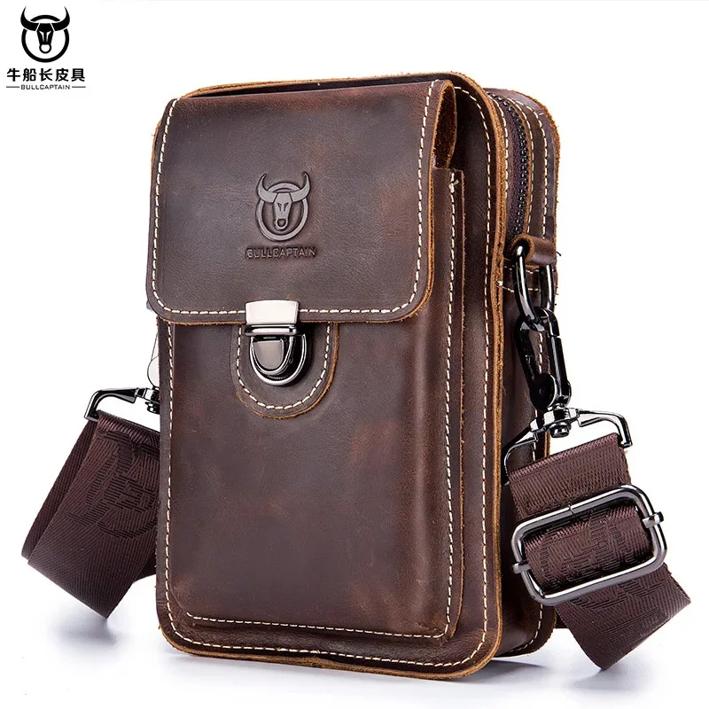 BULLCAPTAIN Men's Genuine Leather Waist Packs Casual Belt Mobile Phone 100% Cowhide Men Small Shoulder Crossbody Bag