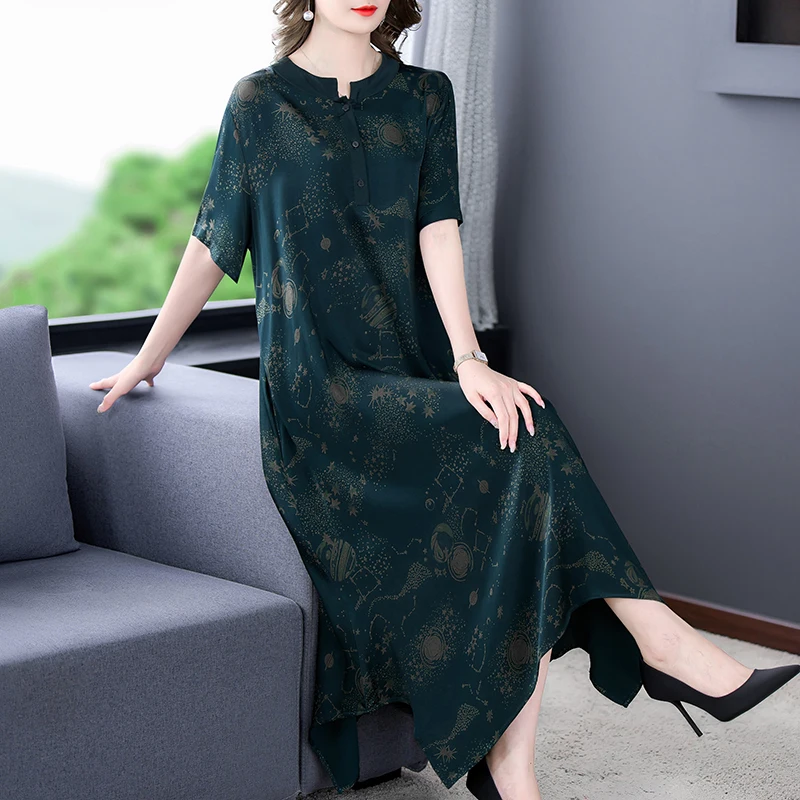 

2024 Loose Casual Print Mulberry Silk Maxi Dress Spring Summer Vintage 5XL Plus Size Dress Elegant Women Bodycon Party Vestidos