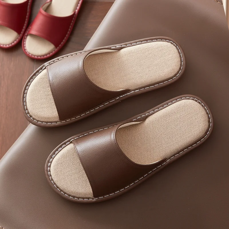 

Linen slippers men's indoor home floor non-slip spring and summer breathable non-smelly feet leather cowhide four seasons