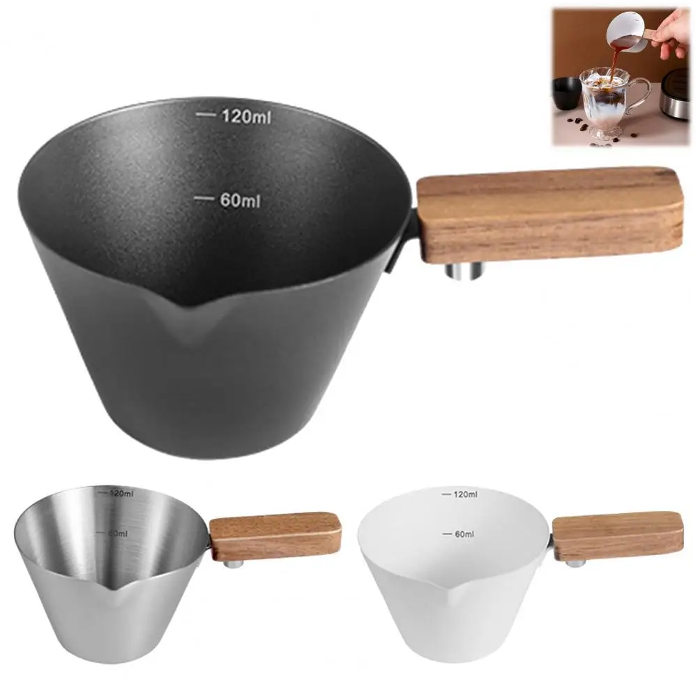 Espresso Measuring Cup Coffee Extraction Pitcher Espresso Liquid Extraction Cup with Walnut Handle 120ml Stainless for Baristas