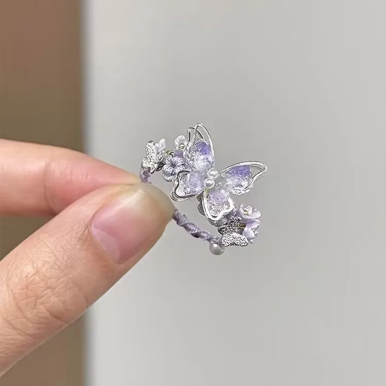 

Handmade Braided Adjustable Ring Purple Gradient Crystal Butterfly Flower Chinese Style Jewelry Gift for Women