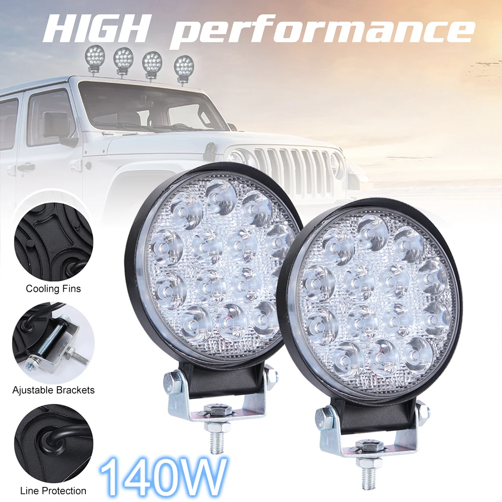 

2pcs Waterproof LED Work Light Car 12V 24V 140W 6000K 14000LM Circular LED Work Light Bar for Vehicle Truck Boat Off Road