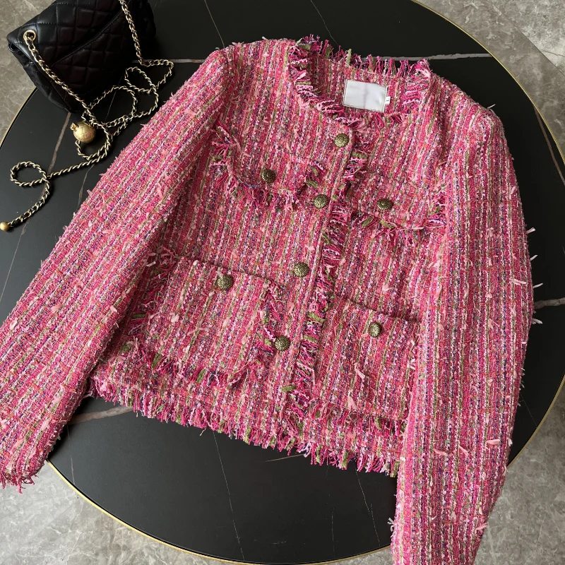 Pink Tweed Jacket Women Long Sleeve 2023 New Small Fragrance Tassel O Neck Korea Fashion Office Casual Lady Jacket Autumn Winter